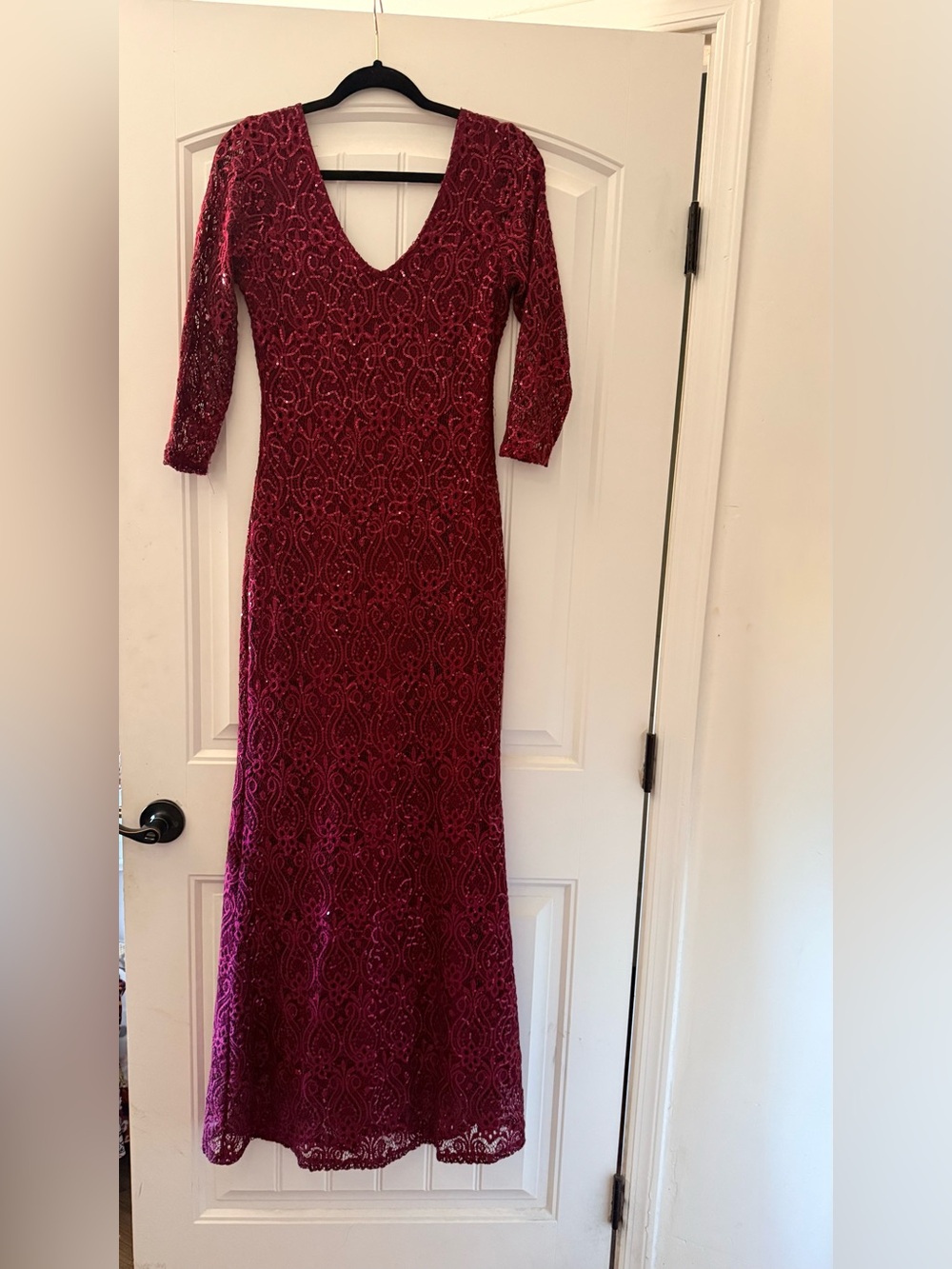 Blu Sage Burgundy Sequined Long Sleeve V-Neck Gown